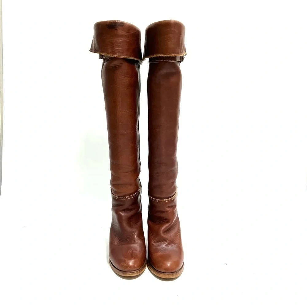 ZODIAC | Vintage 1970s brown leather over the knee logo fabric heeled boots